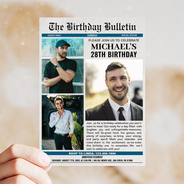 Newspaper with Photos Any Age Birthday Invitation (Celebrate your birthday in style with a newspaper design invitation that adds fun and flair!)