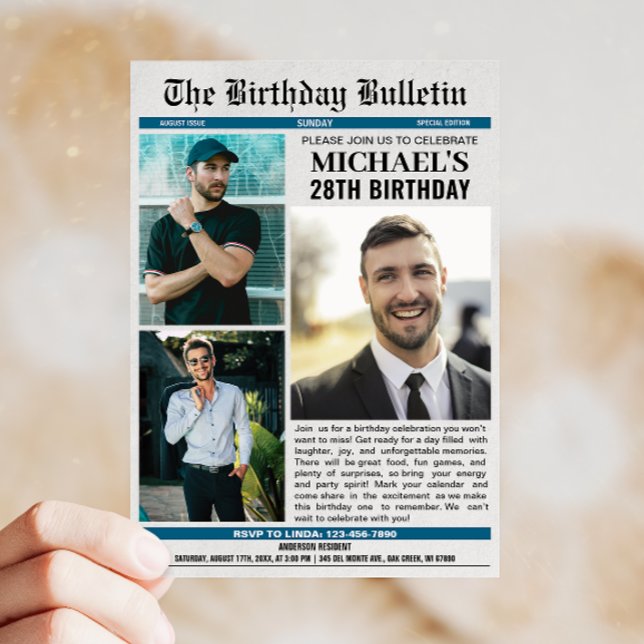 Newspaper with Photos Any Age Birthday Invitation (Celebrate your birthday in style with a newspaper design invitation that adds fun and flair!)