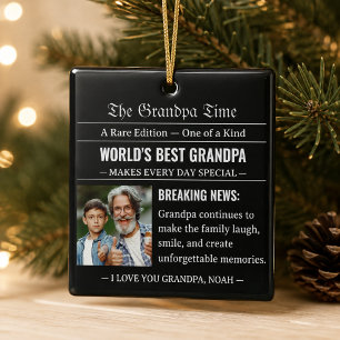 Newspaper World's Best Grandpa Photo Black White Ceramic Ornament