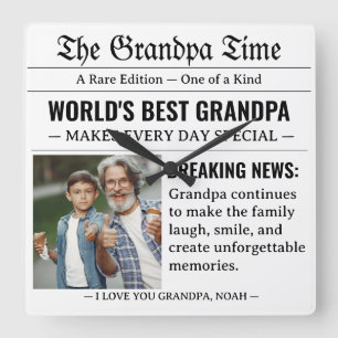 Newspaper World's Best Grandpa Photo Cool Gift Square Wall Clock