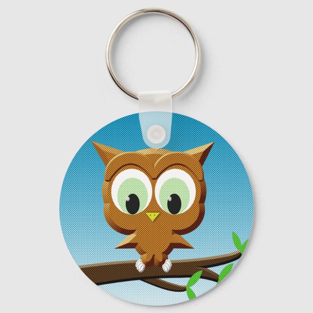 Newsprint Cartoon Owl Key Ring (Front)