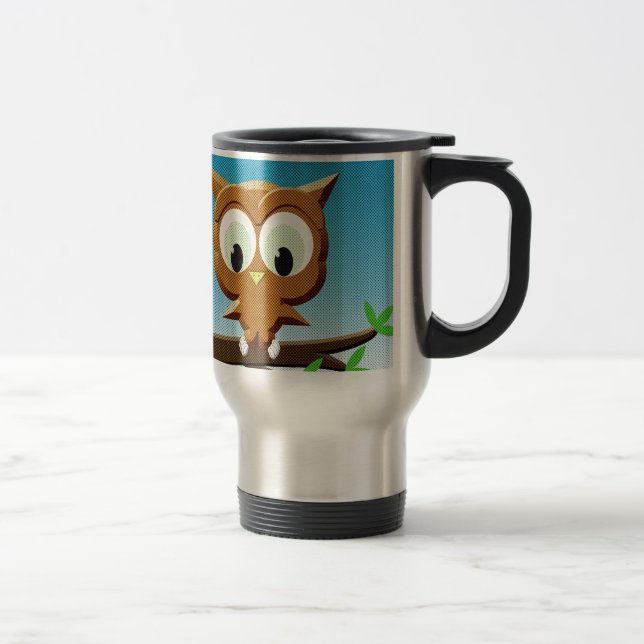 Newsprint Cartoon Owl Travel Mug (Right)