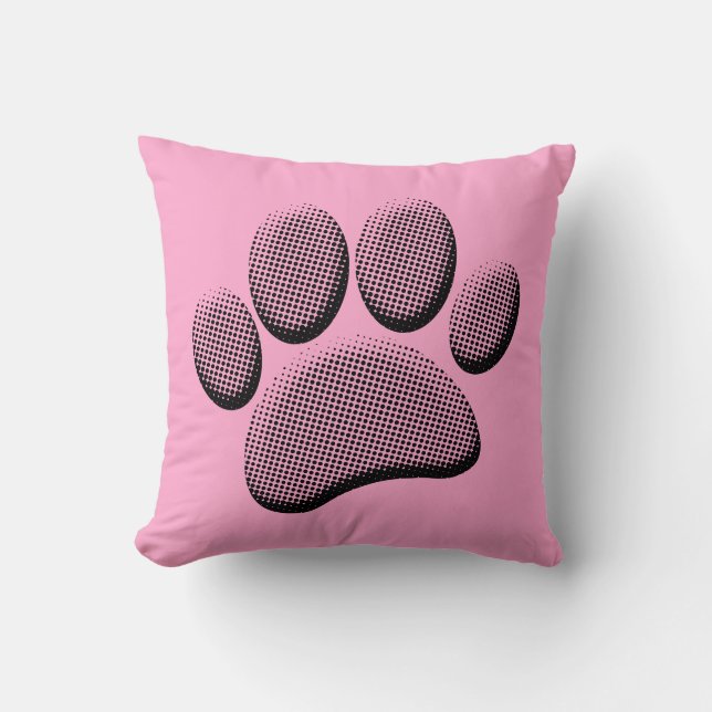 Newsprint Halftones Cartoon Dog Paw Prints On Pink Cushion (Front)