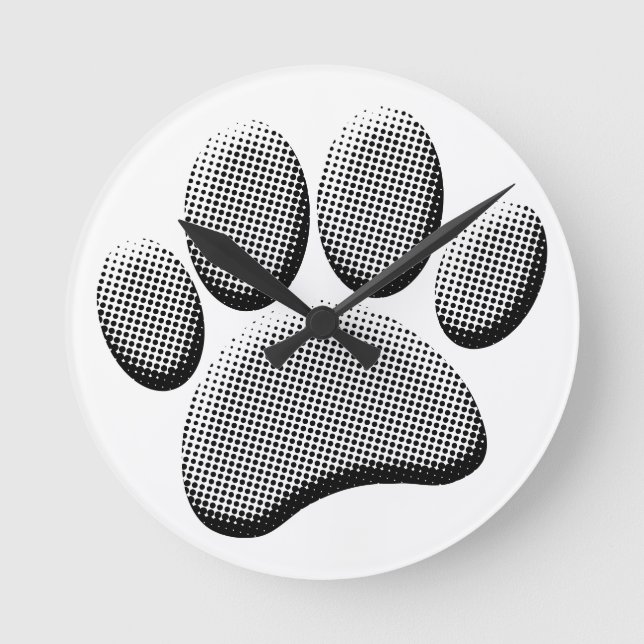 Newsprint Halftones Cartoon Dog Paw Prints Round Clock (Front)