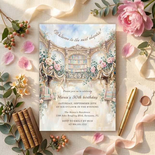 Next Chapter Romantic Floral Library Birthday Invitation (Next Chapter Romantic Floral Vintage Library Womens Birthday Party)