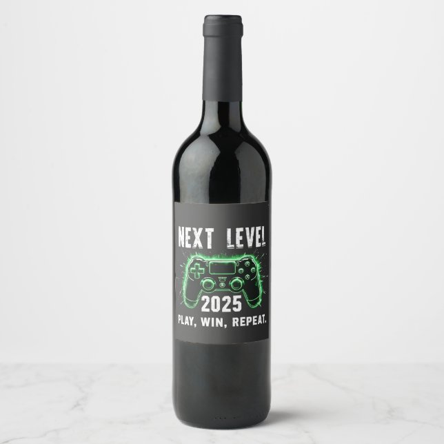 Next Level 2025 Play Win Repeat Funny Gaming Gamer Wine Label (Front)