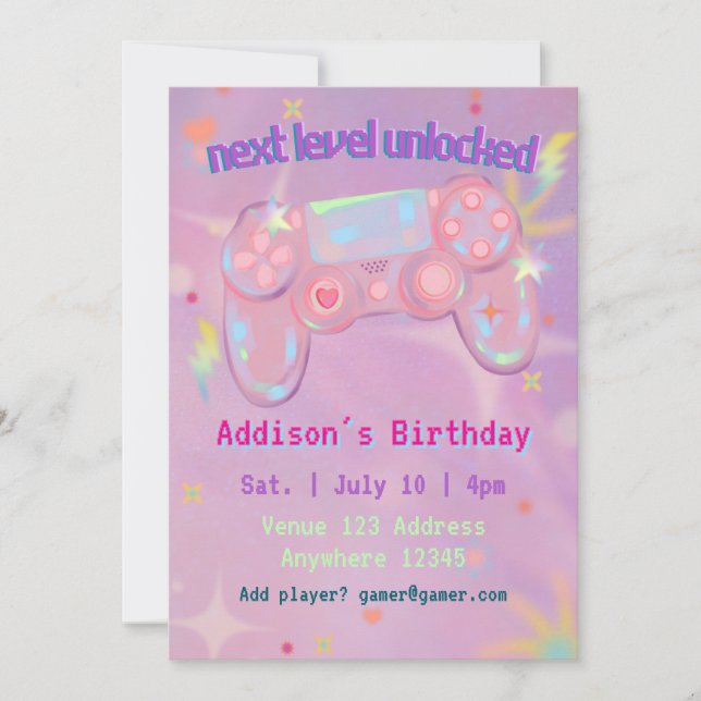 Next Level Unlocked, Pink Gamer Birthday Invitation (Front)