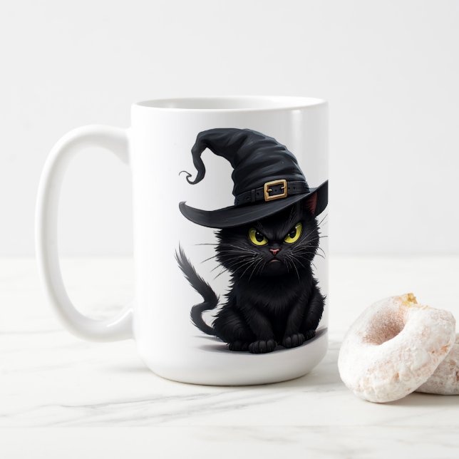 ngry Witch Cat With Glowing Eyes Halloween Night  Coffee Mug (With Donut)