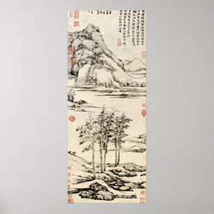 Ni Zan - trees in a river valley in Yu-shan Poster