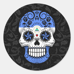 Nicaraguan Flag Sugar Skull with Roses Classic Round Sticker