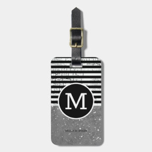 nice black white luggage tag with name and stripes