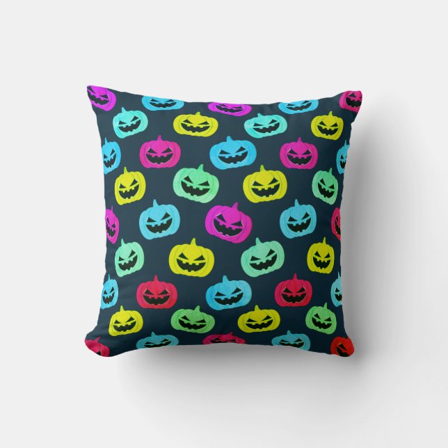 Nice Colourful Pumpkin Faces with Navy background  Cushion (Front)