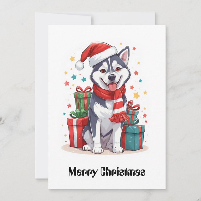 Nice Cute Siberian Husky Santa Claus Christmas Dog Holiday Card (Front)