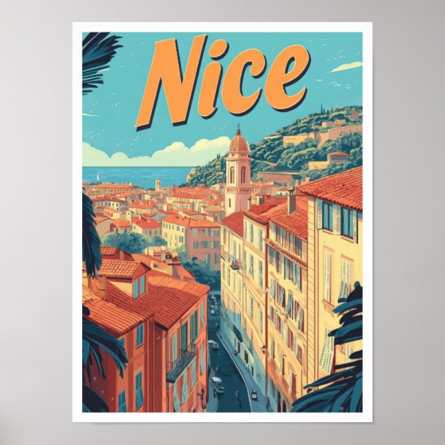 Nice France Art Vintage Travel Illustration Poster (Front)
