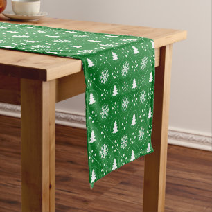 Nice Green White Snowflake Christmas Tree Design Short Table Runner
