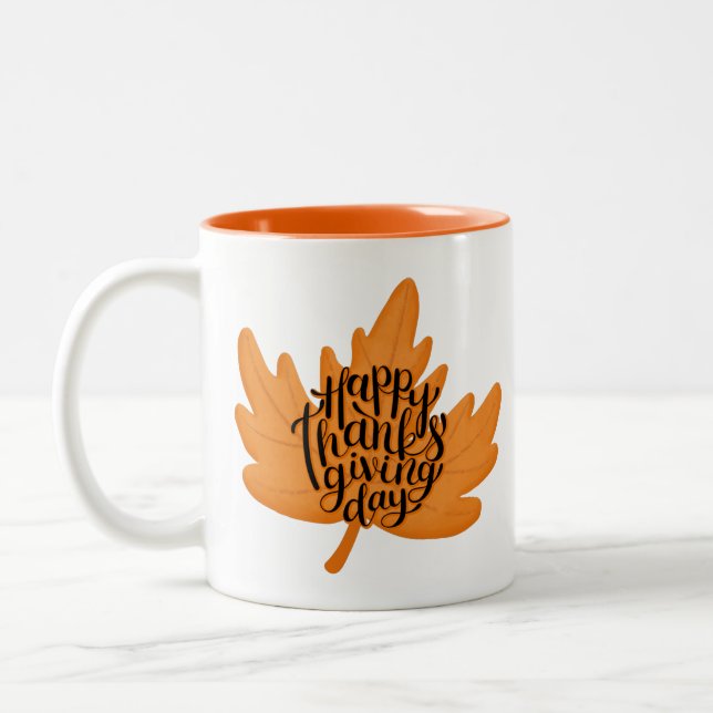 Nice Happy Thanksgiving Typography on Leaf Fall Two-Tone Coffee Mug (Left)