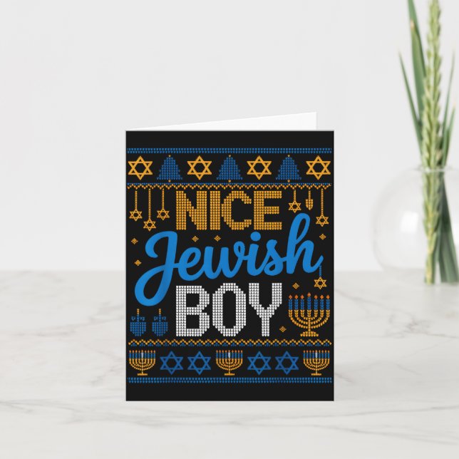 Nice Jewish Boy Hanukkah Menorah Dreidel Ugly Swea Card (Front)