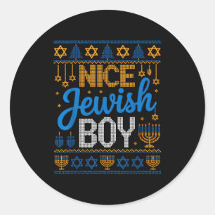 Nice Jewish Boy Hanukkah Menorah Dreidel Ugly Swea Classic Round Sticker