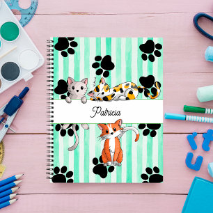 Nice Kittens & paws, green stripes Spiral Notebook