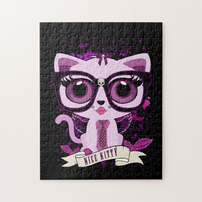 Nice Kitty - White and Purple Jigsaw Puzzle (Vertical)