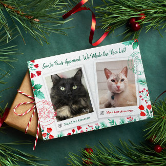 Nice List 2 Cat Photo Christmas Watercolor Holiday Card