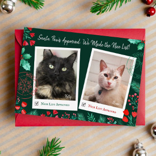 Nice List 2 Cat Photo Watercolor Red & Green Holiday Card