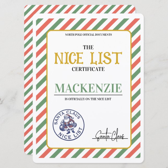 Nice List Certificate Signed by Santa Personalized Holiday Card (Front/Back)