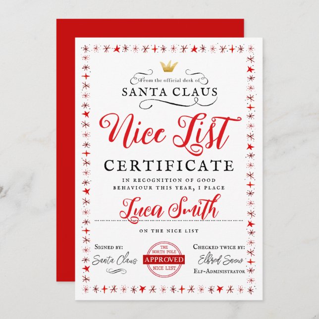 Nice List Christmas Certificate Card (Front/Back)