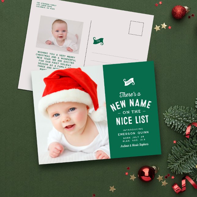 Nice list cute baby's first Christmas green Holiday Postcard (Creator Uploaded)