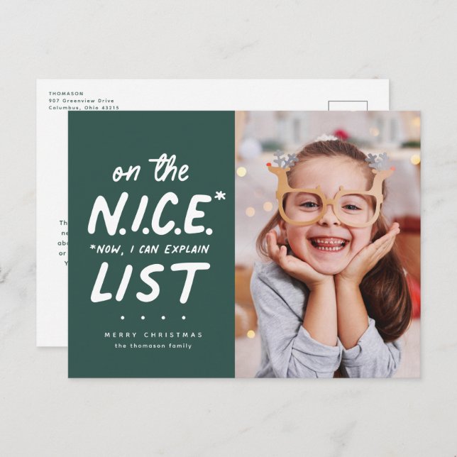Nice list funny cute green two photo Christmas Holiday Postcard (Front/Back)