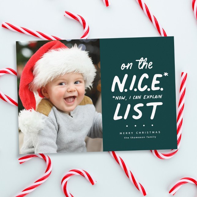 Nice list funny cute one photo green Christmas Holiday Card (Creator Uploaded)