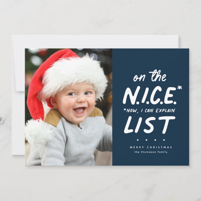 Nice list funny cute one photo navy Christmas Holiday Card (Front)