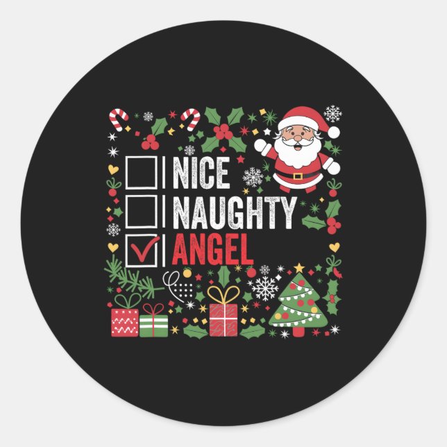 Nice Naughty Angel Funny Christmas Santa Claus  Classic Round Sticker (Front)