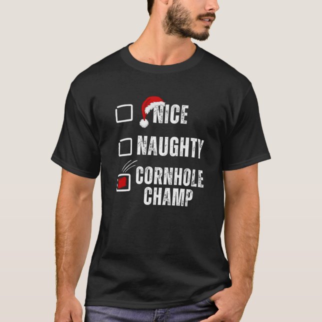 Nice Naughty Cornhole Champ Christmas Santa Claus  T-Shirt (Front)