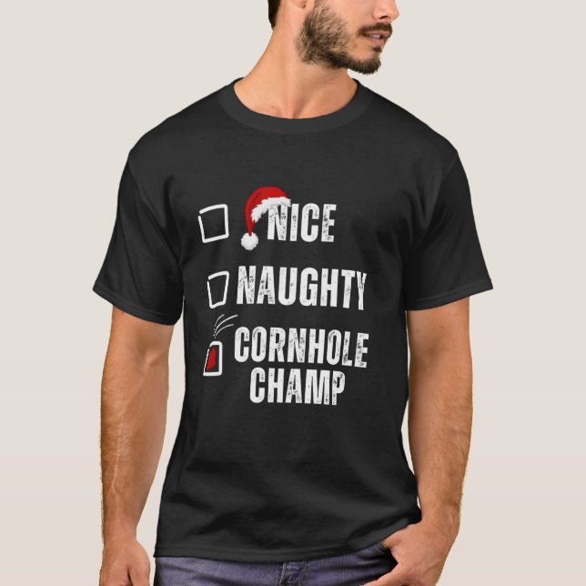 Nice Naughty Cornhole Champ Christmas Santa Claus  T-Shirt (Front)