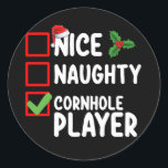 Nice Naughty Cornhole Player Christmas List Classic Round Sticker<br><div class="desc">Nice Naughty Cornhole Player Christmas List Holiday</div>
