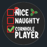Nice Naughty Cornhole Player Christmas List Classic Round Sticker<br><div class="desc">Nice Naughty Cornhole Player Christmas List Holiday</div>