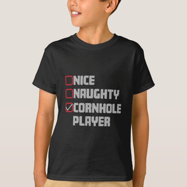 Nice Naughty Cornhole Player List Ugly Christmas T-Shirt (Front)