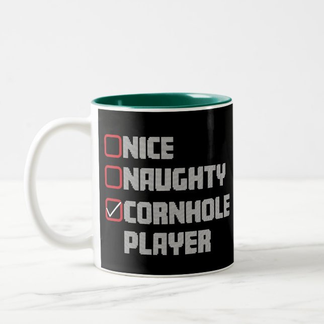 Nice Naughty Cornhole Player List Ugly Christmas Two-Tone Coffee Mug (Left)