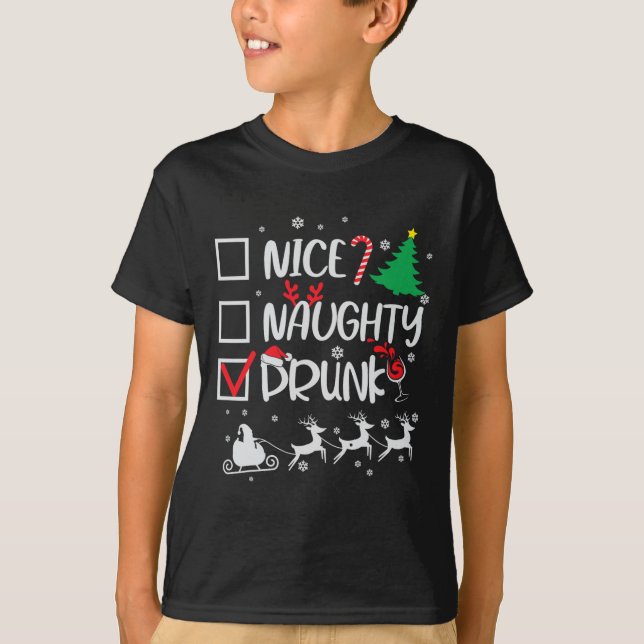 Nice Naughty Drunk Check Funny Christmas  T-Shirt (Front)