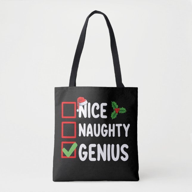 Nice Naughty Genius Christmas List Family Holiday Tote Bag (Front)