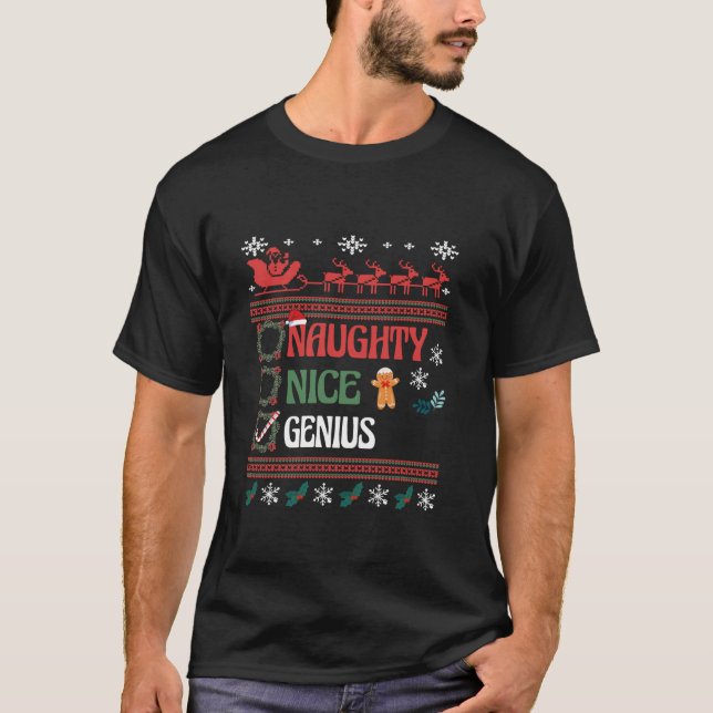 Nice Naughty Genius Christmas List Matching Family T-Shirt (Front)