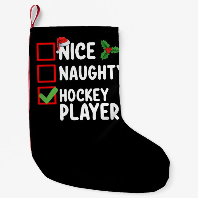 Nice Naughty Hockey Player Christmas List Santa Small Christmas Stocking (Front)