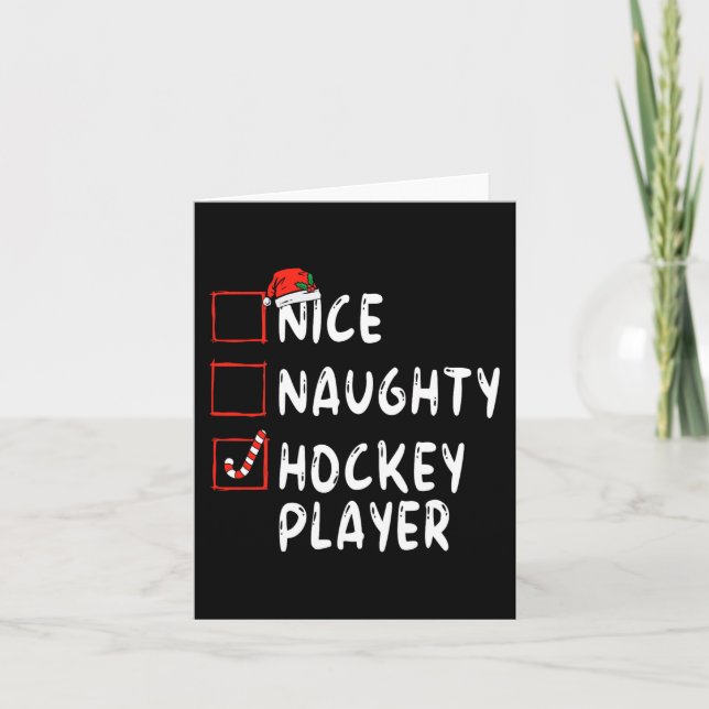 Nice Naughty Hockey Player Christmas Santa Hat Boy Card (Front)