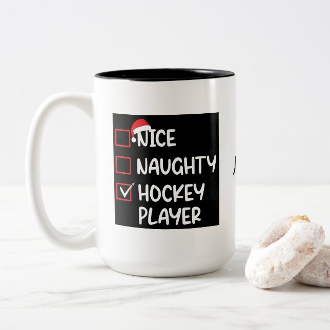 Nice Naughty Hockey Player Funny Christmas Two-Tone Coffee Mug (With Donut)