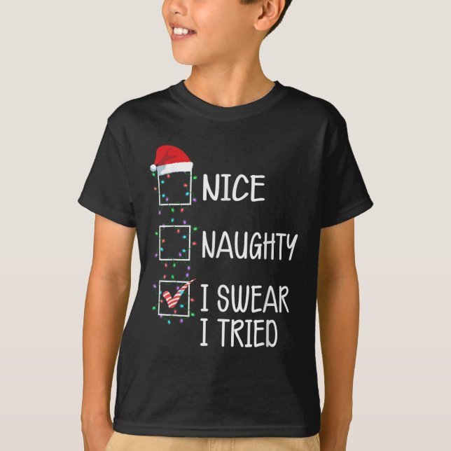 Nice Naughty I Swear I Tried Funny Christmas List  T-Shirt (Front)