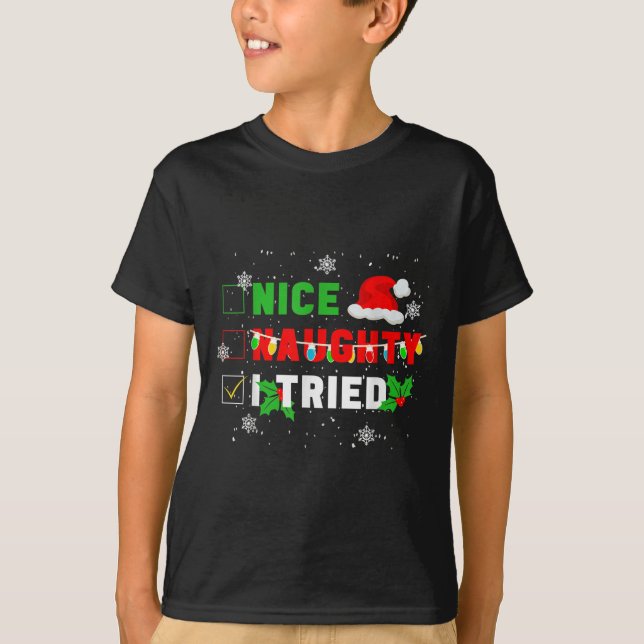 Nice Naughty I Tried Christmas Joke December Famil T-Shirt (Front)