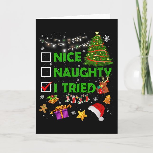 Nice Naughty I Tried Christmas Tree Light Funny Xm Card (Front)