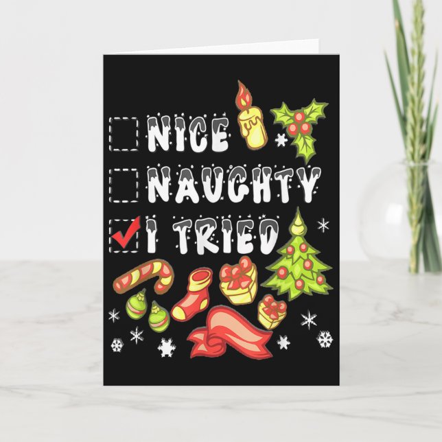 Nice Naughty I Tried Funny Candy Christmas Pajama  Card (Front)