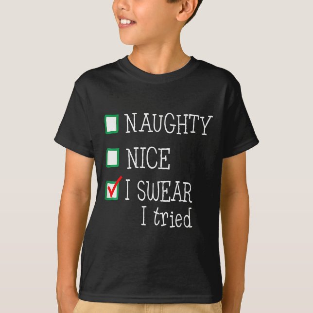 Nice Naughty I Tried Funny Christmas Family Pajama T-Shirt (Front)